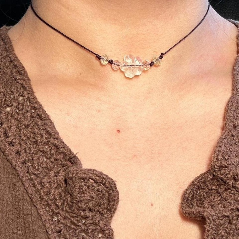 Boho Crystal Flower Choker Necklace Handmade Adjustable Black Cord Cottagecore